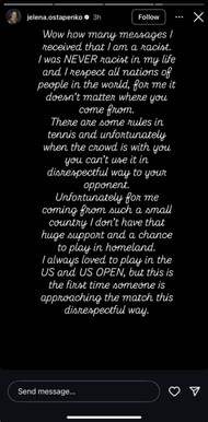 Screenshot of Ostapenko's Instagram story.